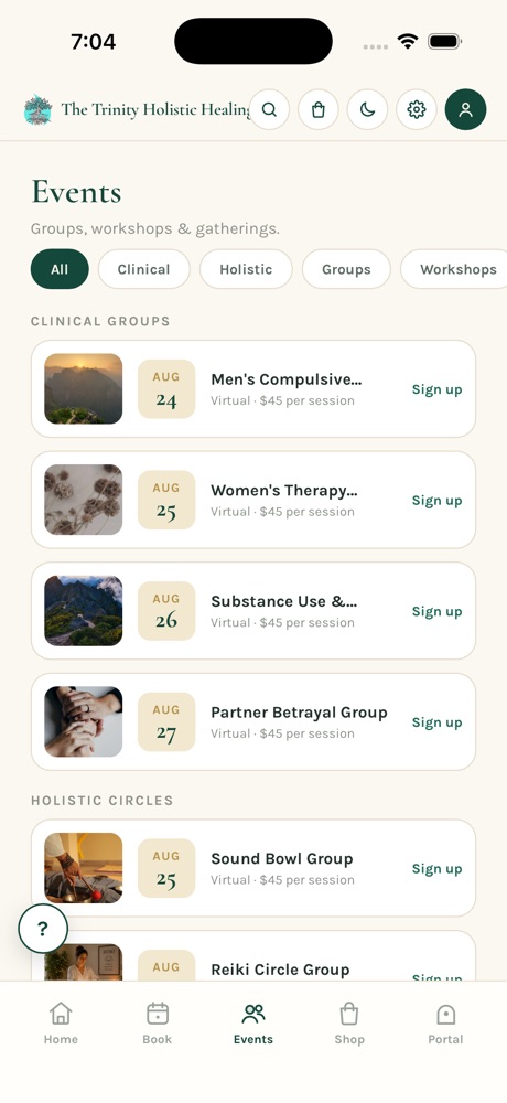 The Trinity app, Events screen