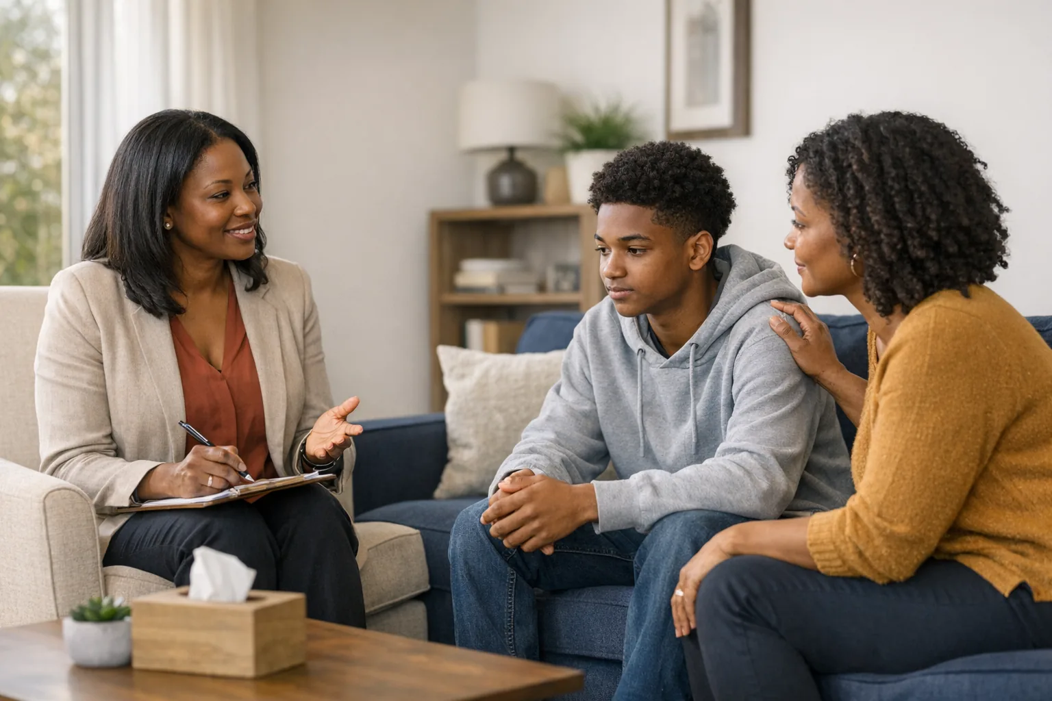 Behavioral health clinician of color supporting a teen and family member in a therapy office